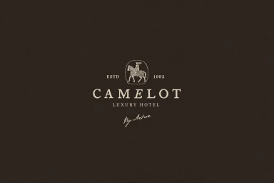 Camelot Luxury Hotel logo mark featuring an equestrian emblem and serif typography on a dark brown textured background.