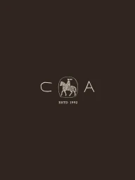 Minimalist brand logo featuring an off-white equestrian knight emblem between letters C and A with ESTD 1992 on a dark brown background.