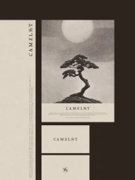 Brand stationery design set featuring Camelot logo, business cards, and a poster with a silhouette of a bonsai tree under the moon.