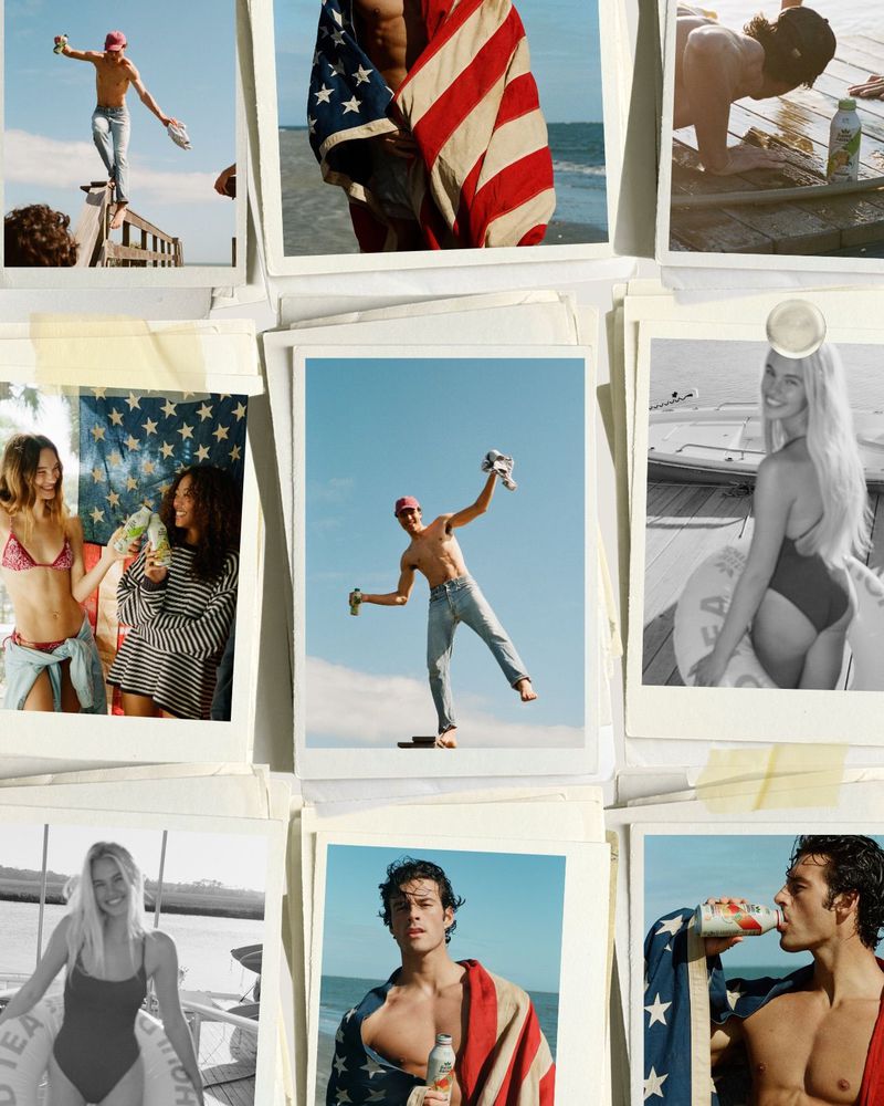 Collage of taped Polaroid photos featuring models outdoors holding iced tea drinks and draped in American flags.