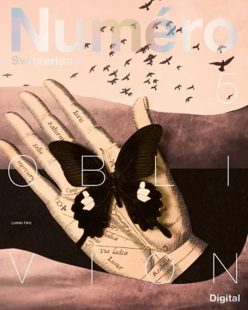 Magazine cover illustration featuring an antique palmistry hand engraving with a black butterfly and flying birds.