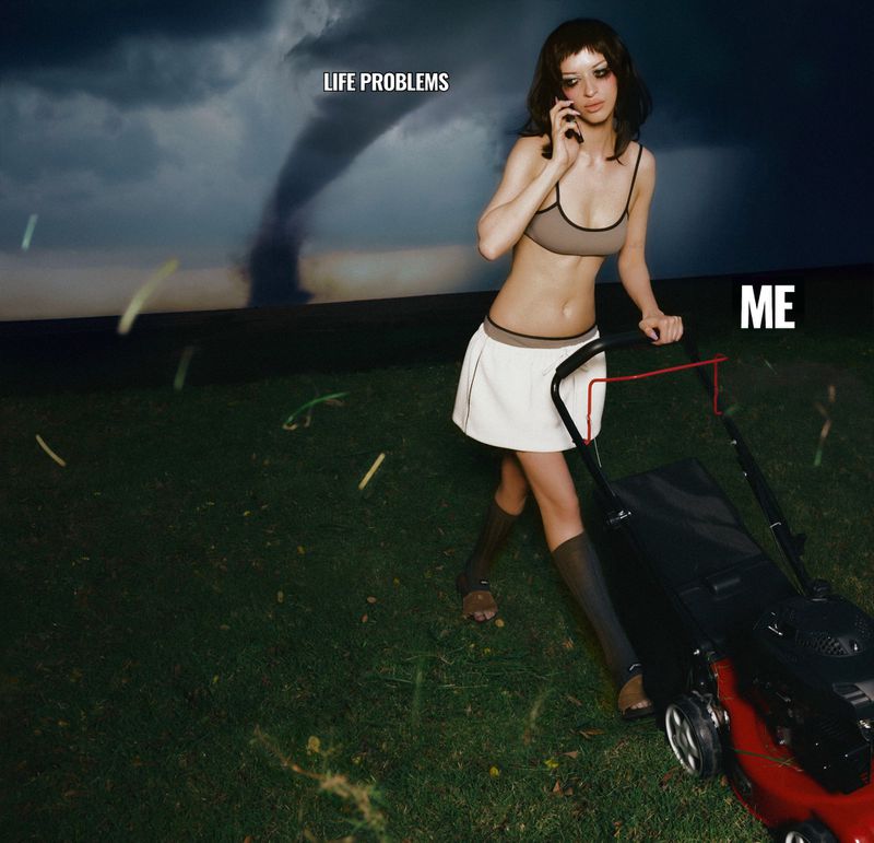 Woman in bikini top and mini skirt pushes a lawn mower on green grass, tornado in background, text overlay reads 'LIFE PROBLEMS' and 'ME'.