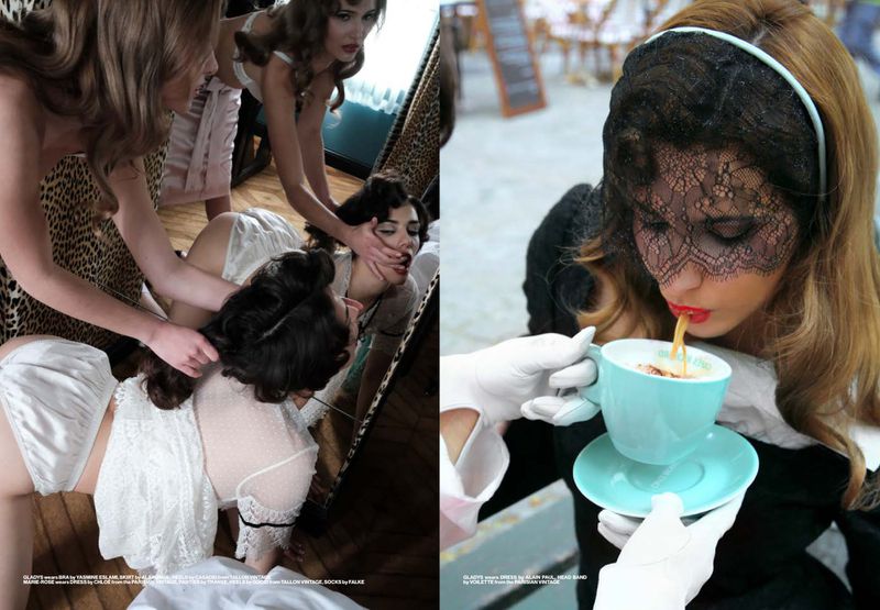 Fashion editorial diptych with models in lingerie reflected in a mirror and a woman in a black lace veil sipping from a blue cup.
