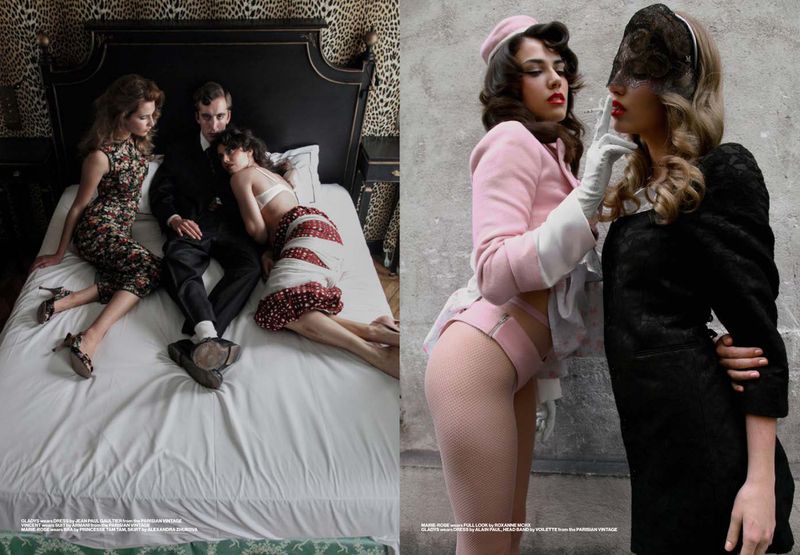 Editorial diptych showing models lying together on a bed and two women posing closely in retro designer clothing.