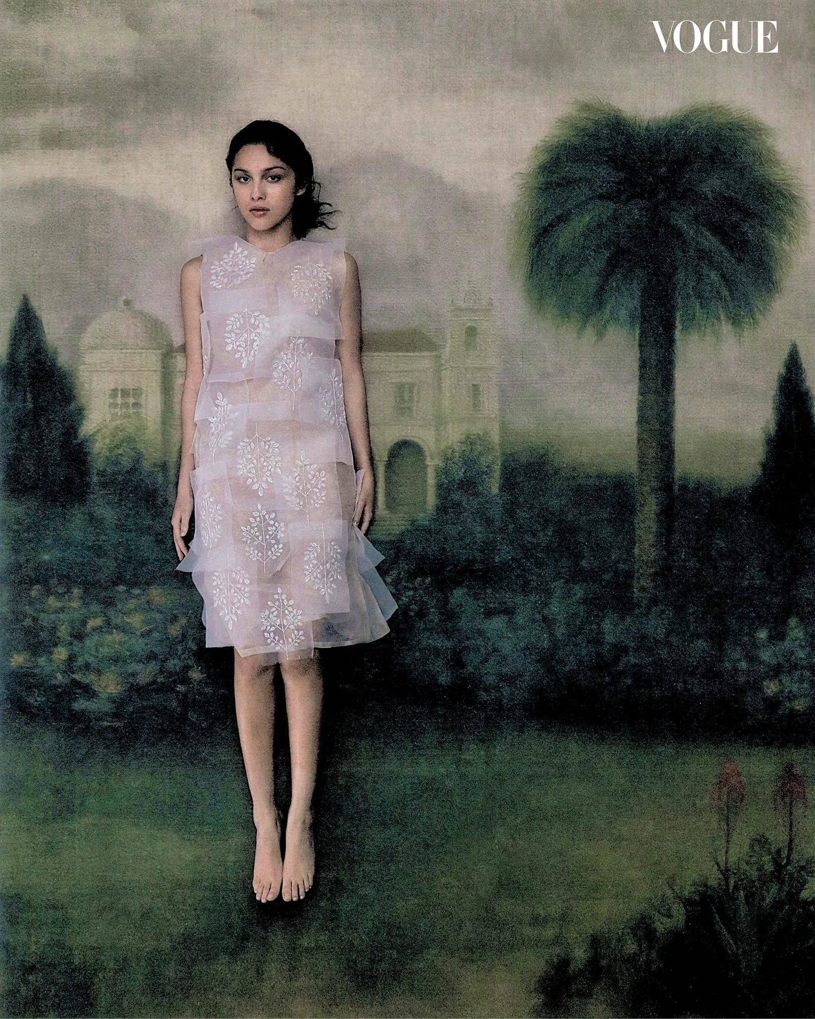 Olivia Rodrigo floating in a sheer embroidered organza dress against a painted classical landscape backdrop for Vogue Philippines.