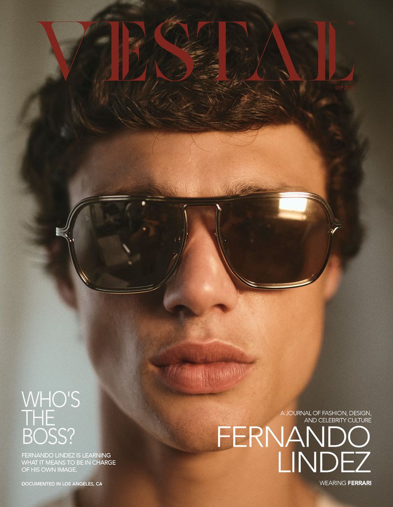 Close-up portrait of Fernando Lindez wearing tinted pilot sunglasses for the cover of Vestal Magazine.