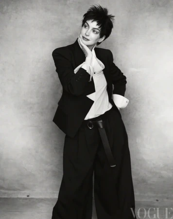 Anne Hathaway with short dark hair wearing an oversized black tailored suit and white shirt against a textured grey backdrop.