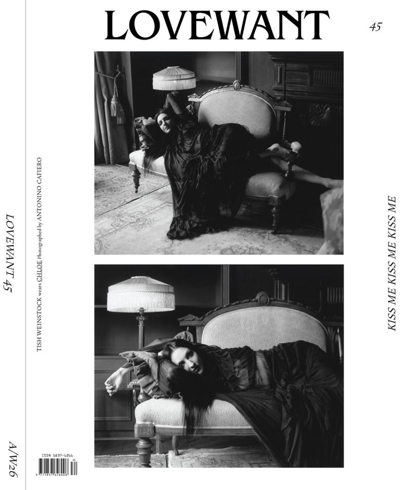 Black and white magazine cover featuring Tish Weinstock reclining on an ornate chaise lounge in a dark gown.