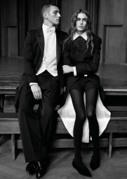 Black and white portrait of a man in a tuxedo and a woman in formal wear seated together on a wooden bench.