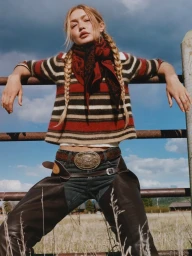 Gigi Hadid leaning on a wooden fence wearing a striped sweater and leather chaps against an outdoor field and sky background