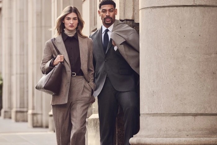 Grace Elizabeth and Aaron Pierre in tailored suits by Hugo Boss for the Fall-Winter 2026 campaign.