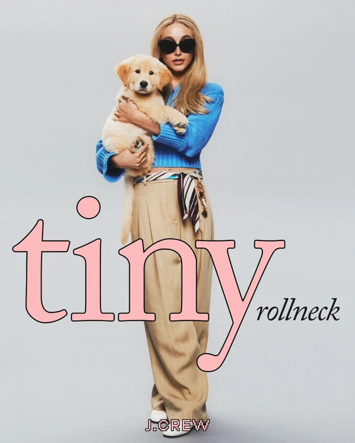 Emma Chamberlain wearing a blue rollneck and tan trousers holds a golden retriever puppy against a grey background