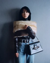 Lee Young Ae wearing a furry stole and black top with blue jeans and holding a handbag against a textured grey wall