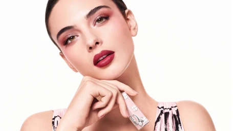 Deva Cassel holding a Dior lipstick against a clean white background in the Lucky Clover beauty campaign