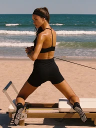 Woman in black sports bra and shorts doing pilates on a reformer on a sandy beach