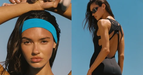 Model in black athletic wear and blue headband against a clear blue sky for Kith Between Tides