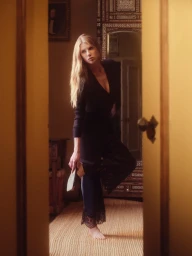 Charlotte McKinney in a black V-neck lounge outfit holding shoes in an interior room viewed through a doorway.