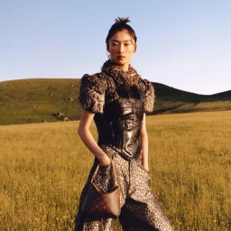 Model standing in grassy field wearing textured top and leopard print trousers holding brown monogram handbag