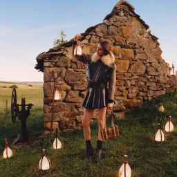 Model holding a lighted lantern standing outdoors near a stone building at dusk for the Louis Vuitton Fall-Winter campaign
