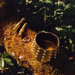 Gold jewelry including a studded cuff bracelet, earrings, and a ring resting on a mossy tree branch in a forest.