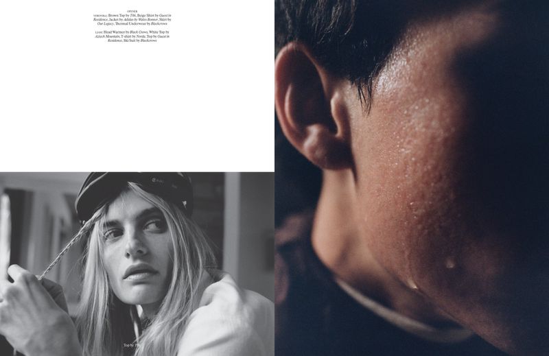 Editorial magazine spread featuring a close-up of sweaty skin alongside a black-and-white portrait of a woman holding her braid.