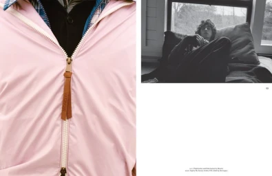 Editorial spread featuring a close-up of a pink Moncler zip jacket alongside a black and white portrait of a man lounging indoors.