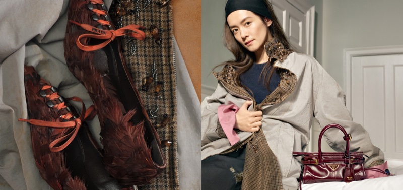 Chen Haoyu wearing a grey jacket alongside Prada feathered lace-up shoes and a burgundy handbag in a campaign portrait.