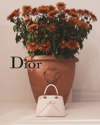 Dior white leather handbag placed in front of a terracotta planter filled with rust-coloured flowers against a neutral wall.