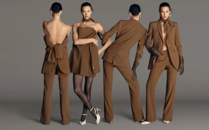 Model Irina Shayk posing in multiple brown outfits against a neutral grey studio backdrop for Marella Fall-Winter 2026 campaign.