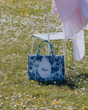 Dior blue and white patterned tote bag sitting in a grassy meadow with wildflowers beside a white wire chair and pink garment.