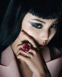Close-up of a model wearing a large red gemstone ring and a pink blazer, with dramatic dark eye makeup against a black background