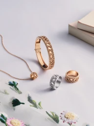 Dior fine jewellery including a gold bangle, necklace, and rings arranged on a white surface with embroidered fabric and books