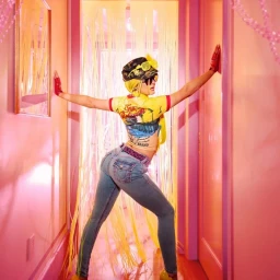 Zara Larsson wearing denim jeans and a yellow top posing in a pink hallway with beaded curtains for True Religion True Summer campaign