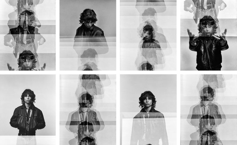 Black and white collage of a young adult with curly dark hair wearing a leather jacket in a photo studio setting.