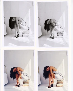 Four Polaroid style photo frames showing a woman crouching on a stack of books against a white wall.