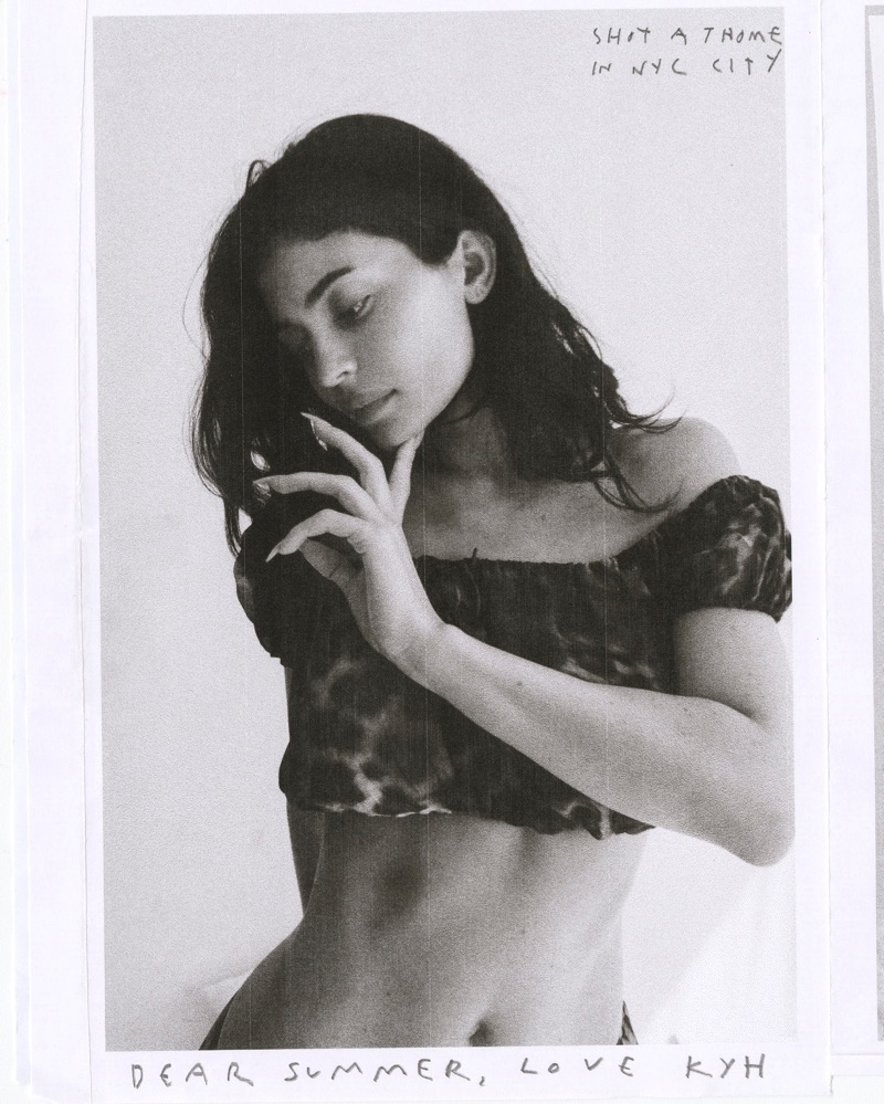 Kylie Jenner wearing a cropped off-shoulder top in a black and white editorial photograph for Khy Dear Summer, Love KHY.