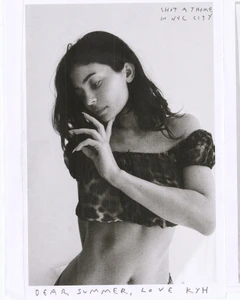 Kylie Jenner wearing a cropped off-shoulder top in a black and white editorial photograph for Khy Dear Summer, Love KHY.