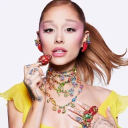 Ariana Grande wearing colorful crystal jewelry and a yellow top for Swarovski Summertime