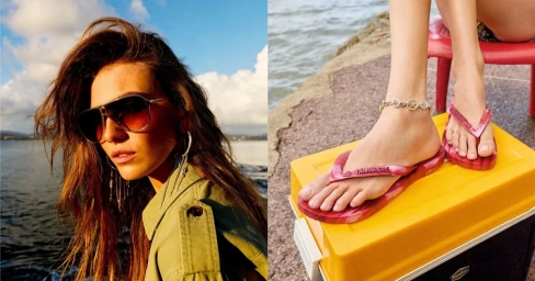 Model wearing aviator sunglasses and an olive green shirt outdoors near water, and a close-up of feet wearing flip-flops on a cooler.