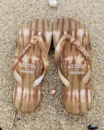 Isabel Marant x Havaianas flip-flops resting on a wet sandy beach