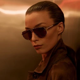 Model wearing dark aviator sunglasses and a brown suede coat against a warm glowing background