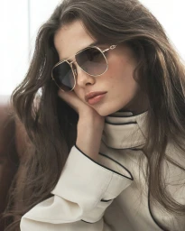Close-up portrait of a woman wearing gold-framed aviator sunglasses and a cream-colored high-collar jacket resting her chin on her hand