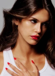 Portrait of Kaia Gerber wearing a white tank top with red nails and bright red lipstick against a grey background