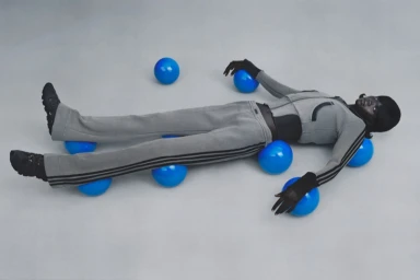 Model lying flat on a grey studio floor surrounded by several bright blue spheres wearing a grey tracksuit