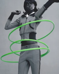 Model in grey tracksuit jacket and trousers framed by a vibrant green spiral hula hoop against a plain neutral background