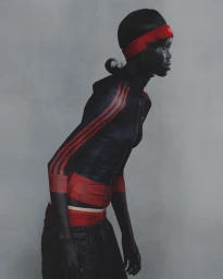 Model in dark zip hoodie with red stripes and red headband standing against a grey studio backdrop.