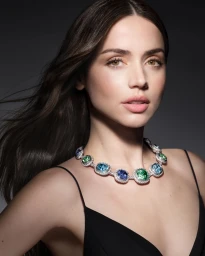 Ana de Armas wearing a diamond and gemstone necklace with blue and green stones for Louis Vuitton Mythica