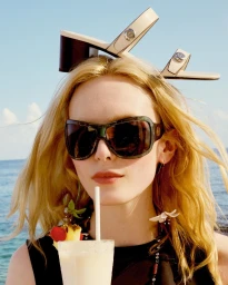 Model wearing sunglasses with a sandal on her head and holding a cocktail against an ocean background for Tory Burch.