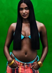 Woman with long black hair wearing a turquoise bikini top and striped trousers against a vivid green background
