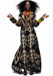 Woman in patterned black and tan outfit with vibrant orange and green bangles against white background